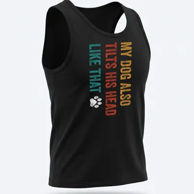 Distressed print of a dog with humorous text about head tilting in teal and orange — printed on a tank top