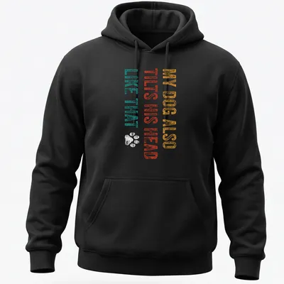 Distressed print of a dog with humorous text about head tilting in teal and orange — printed on a unisex hoodie
