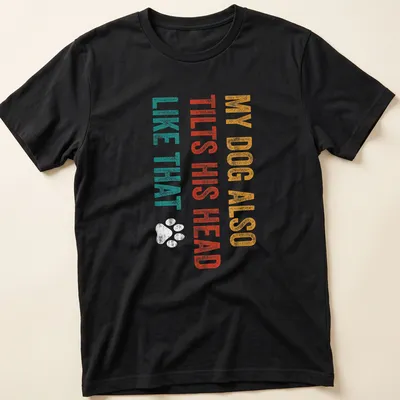 Distressed print of a dog with humorous text about head tilting in teal and orange