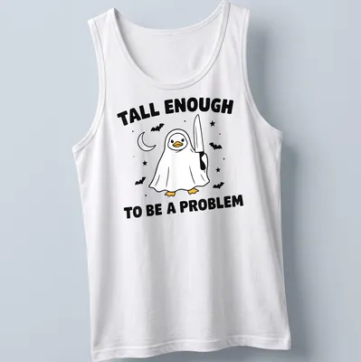 Cartoon duck in a ghost costume with humorous text — printed on a tank top