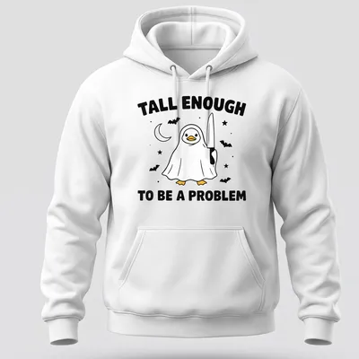 Cartoon duck in a ghost costume with humorous text — printed on a unisex hoodie