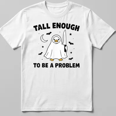 Cartoon duck in a ghost costume with humorous text