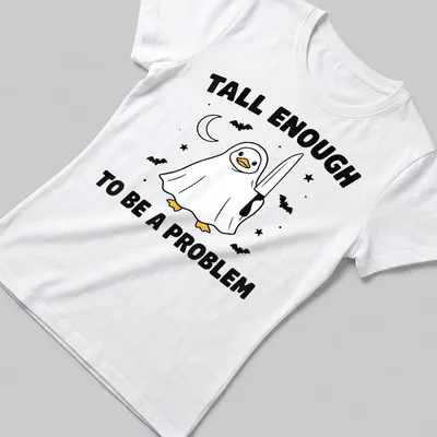Cartoon duck in a ghost costume with humorous text — printed on a women's shirt
