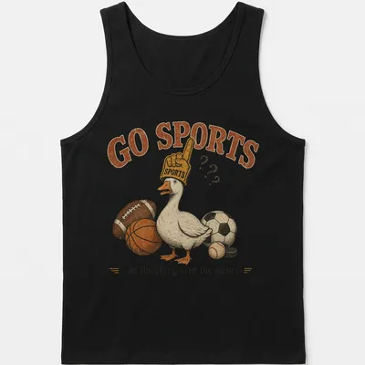 Vintage retro T-shirt featuring a funny goose in sports gear with humorous text. — printed on a tank top