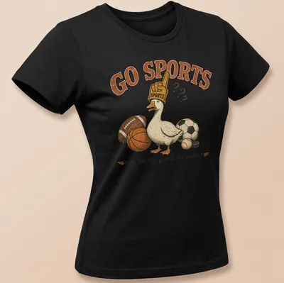Vintage retro T-shirt featuring a funny goose in sports gear with humorous text. — printed on a women's shirt