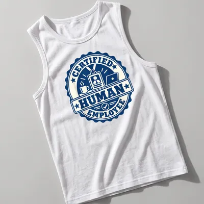 Navy and cream t-shirt featuring a badge design that says 'Certified Human Employee.' — printed on a tank top