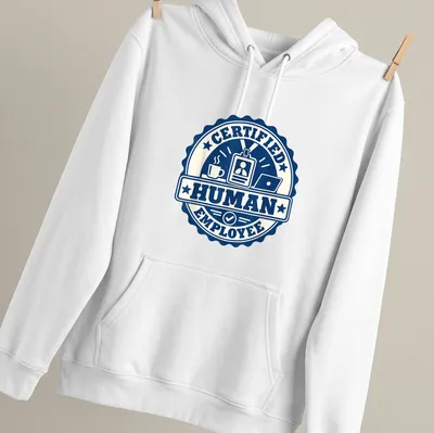 Navy and cream t-shirt featuring a badge design that says 'Certified Human Employee.' — printed on a unisex hoodie