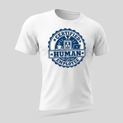 Navy and cream t-shirt featuring a badge design that says 'Certified Human Employee.' — printed on a unisex t-shirt (angled view)