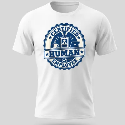 Navy and cream t-shirt featuring a badge design that says 'Certified Human Employee.'