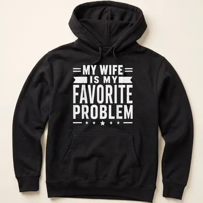 Bold typography t-shirt stating 'MY WIFE IS MY FAVORITE PROBLEM' in white — printed on a unisex hoodie