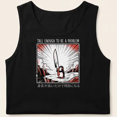 Comic-style penguin holding a knife with bold text in black, red, and white — printed on a tank top