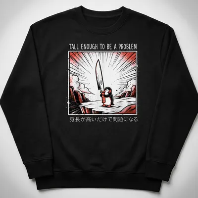 Comic-style penguin holding a knife with bold text in black, red, and white — printed on a unisex sweatshirt
