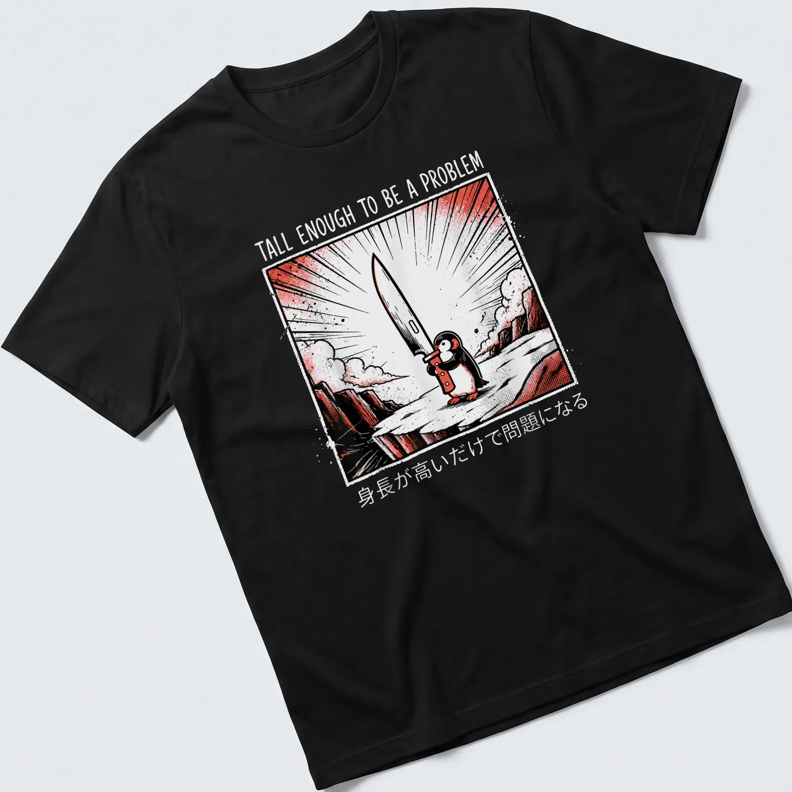 Comic-style penguin holding a knife with bold text in black, red, and white — printed on a unisex t-shirt