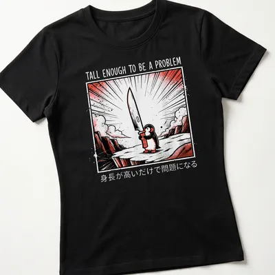 Comic-style penguin holding a knife with bold text in black, red, and white — printed on a women's shirt