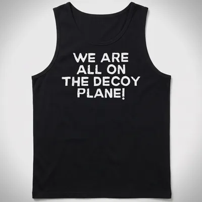 Bold text shirt with the phrase 'We Are All On The Decoy Plane!' in white. — printed on a tank top
