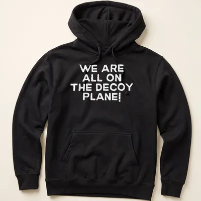 Bold text shirt with the phrase 'We Are All On The Decoy Plane!' in white. — printed on a unisex hoodie
