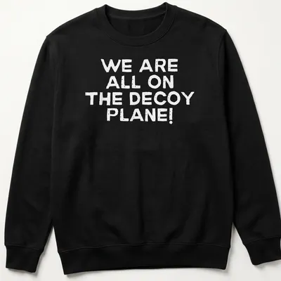 Bold text shirt with the phrase 'We Are All On The Decoy Plane!' in white. — printed on a unisex sweatshirt