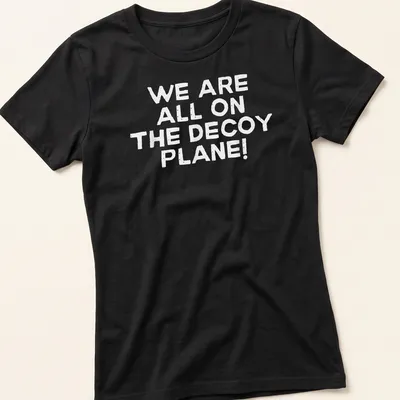 Bold text shirt with the phrase 'We Are All On The Decoy Plane!' in white. — printed on a women's shirt