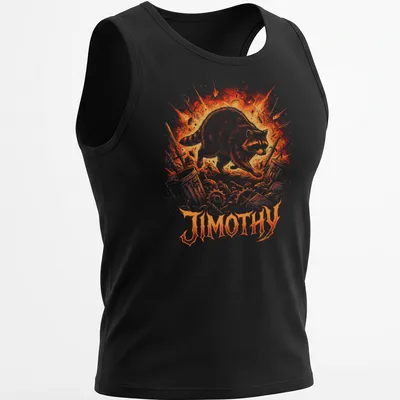 Comic-style shirt featuring an adventurous raccoon named Jimothy — printed on a tank top