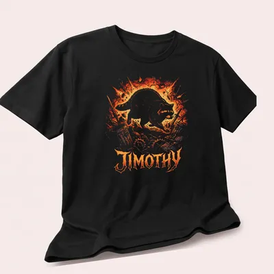 Comic-style shirt featuring an adventurous raccoon named Jimothy — printed on a unisex t-shirt (angled view)