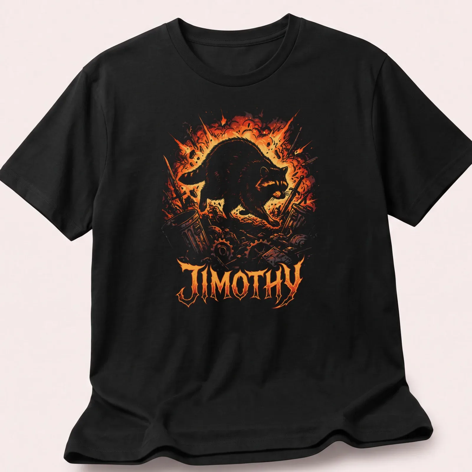 Comic-style shirt featuring an adventurous raccoon named Jimothy — printed on a unisex t-shirt