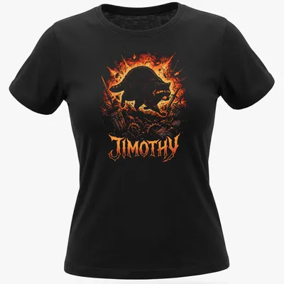 Comic-style shirt featuring an adventurous raccoon named Jimothy — printed on a women's shirt