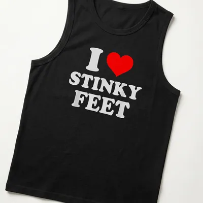 Bold typography tee with the phrase 'I Love Stinky Feet' and cartoon feet design. — printed on a tank top