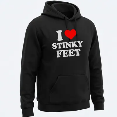 Bold typography tee with the phrase 'I Love Stinky Feet' and cartoon feet design. — printed on a unisex hoodie