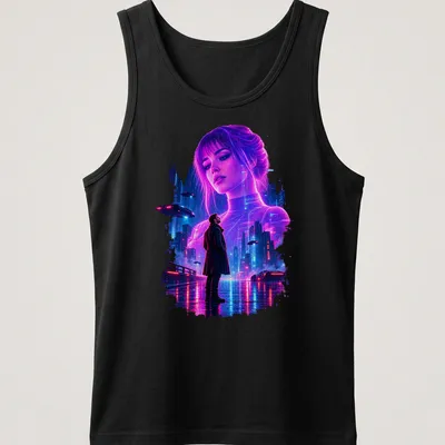 Cyberpunk illustration of a futuristic cityscape with text about loneliness. — printed on a tank top