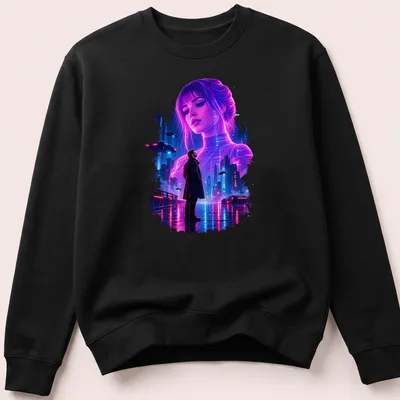 Cyberpunk illustration of a futuristic cityscape with text about loneliness. — printed on a unisex sweatshirt