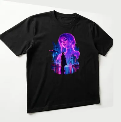 Cyberpunk illustration of a futuristic cityscape with text about loneliness. — printed on a unisex t-shirt (angled view)