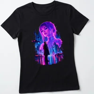 Cyberpunk illustration of a futuristic cityscape with text about loneliness. — printed on a women's shirt