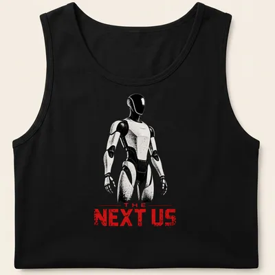Futuristic humanoid robot t-shirt with the text 'THE NEXT US' in black, white, and red. — printed on a tank top