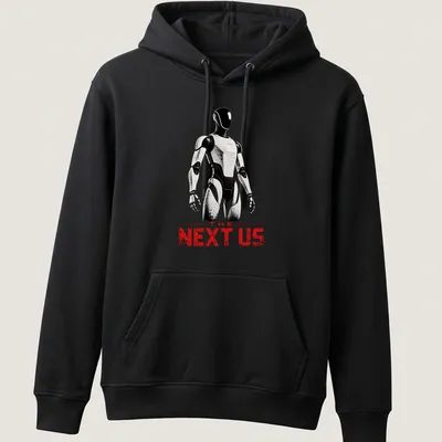 Futuristic humanoid robot t-shirt with the text 'THE NEXT US' in black, white, and red. — printed on a unisex hoodie