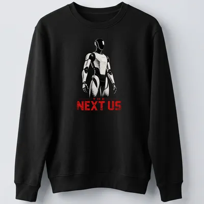 Futuristic humanoid robot t-shirt with the text 'THE NEXT US' in black, white, and red. — printed on a unisex sweatshirt