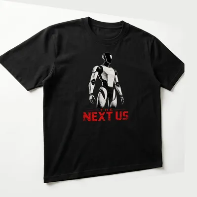 Futuristic humanoid robot t-shirt with the text 'THE NEXT US' in black, white, and red. — printed on a unisex t-shirt (angled view)