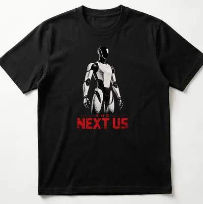 Futuristic humanoid robot t-shirt with the text 'THE NEXT US' in black, white, and red.