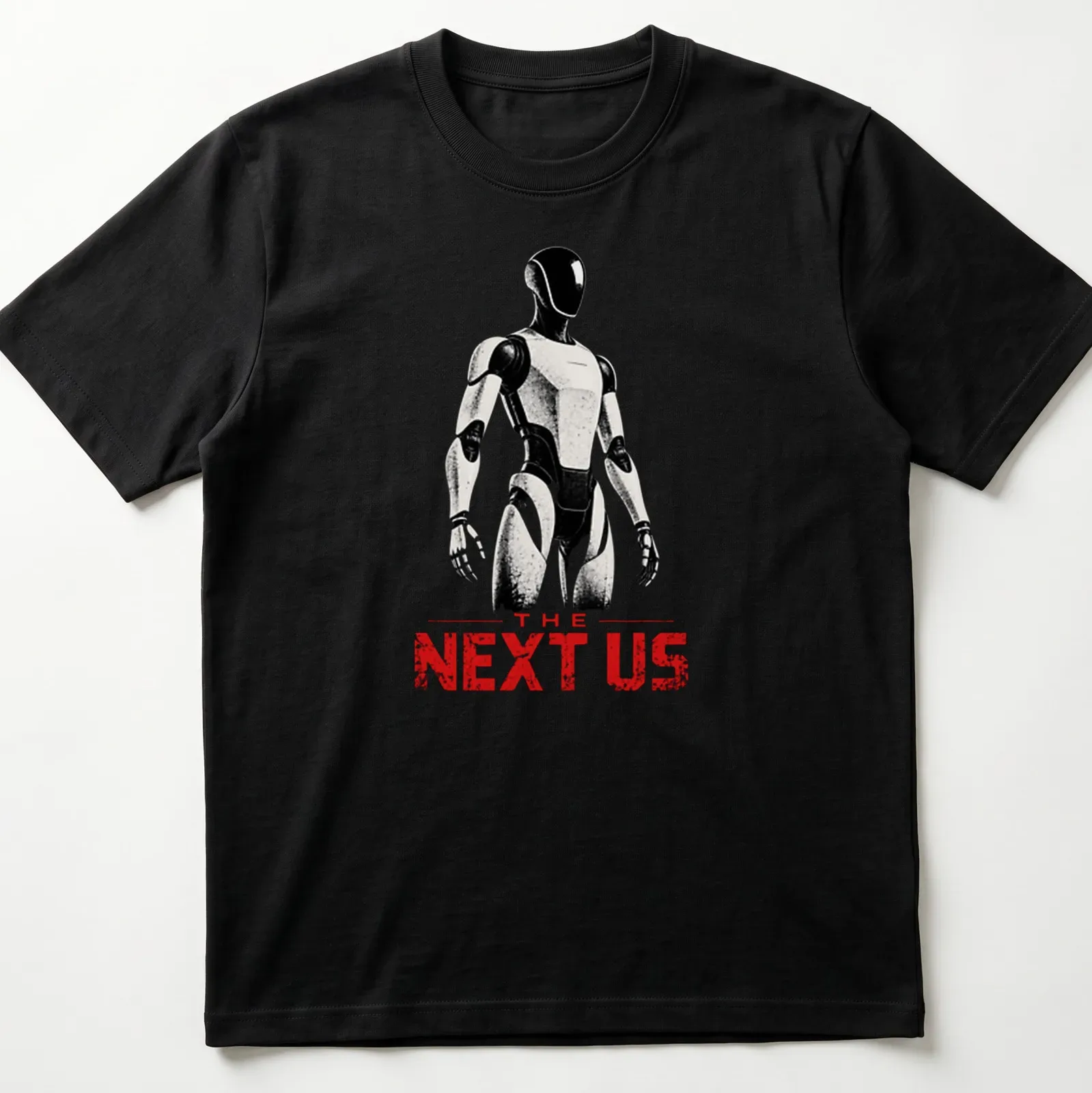 Futuristic humanoid robot t-shirt with the text 'THE NEXT US' in black, white, and red. — printed on a unisex t-shirt