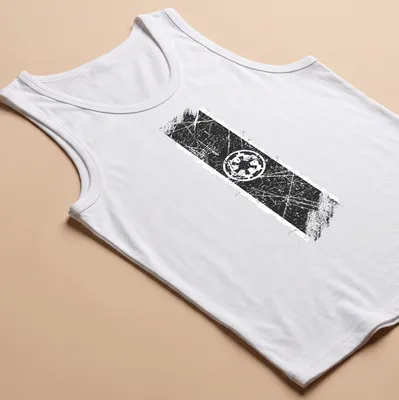 Distressed graphic of the Galactic Empire Crest in black and white — printed on a tank top