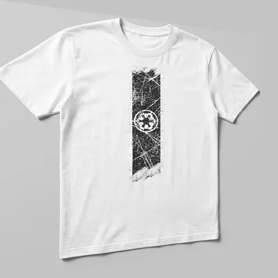 Distressed graphic of the Galactic Empire Crest in black and white — printed on a unisex t-shirt (angled view)