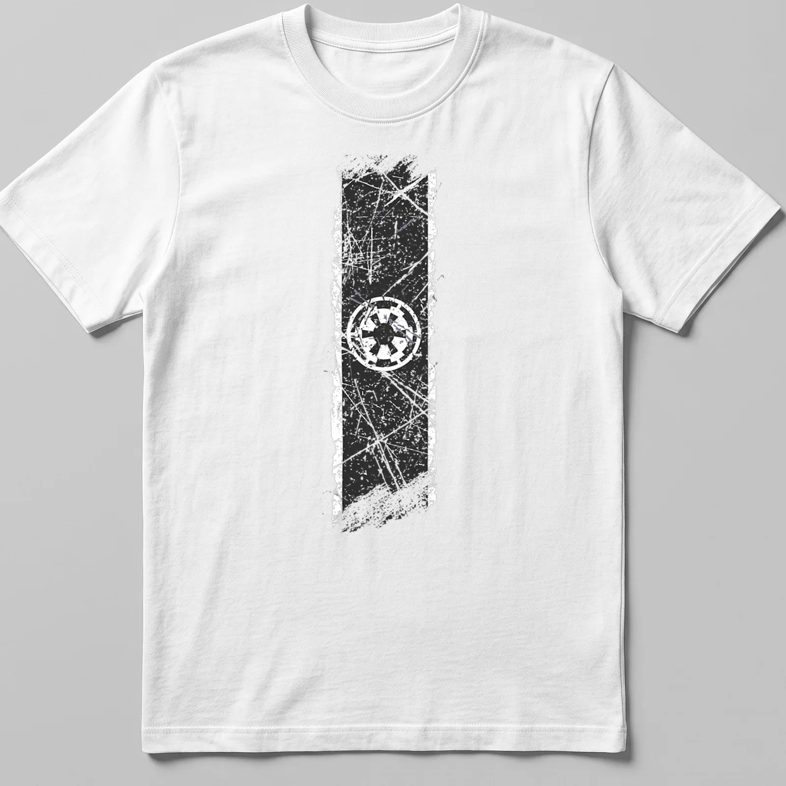 Distressed graphic of the Galactic Empire Crest in black and white — printed on a unisex t-shirt