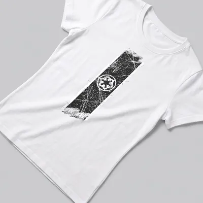 Distressed graphic of the Galactic Empire Crest in black and white — printed on a women's shirt