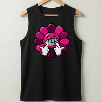 Cartoonish flower with a grinning face and text Gangsta Flower in pink, black, and silver. — printed on a tank top