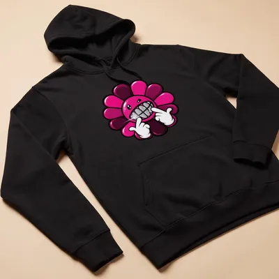 Cartoonish flower with a grinning face and text Gangsta Flower in pink, black, and silver. — printed on a unisex hoodie