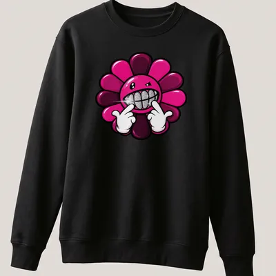 Cartoonish flower with a grinning face and text Gangsta Flower in pink, black, and silver. — printed on a unisex sweatshirt