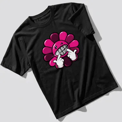 Cartoonish flower with a grinning face and text Gangsta Flower in pink, black, and silver.