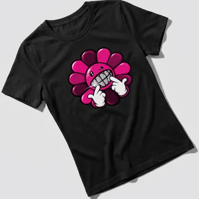 Cartoonish flower with a grinning face and text Gangsta Flower in pink, black, and silver. — printed on a women's shirt