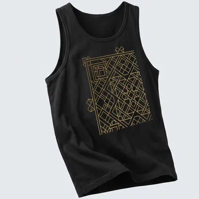 Minimalist line art Geometric Endless Knot design in gold — printed on a tank top