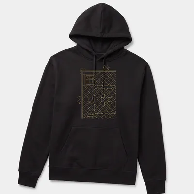Minimalist line art Geometric Endless Knot design in gold — printed on a unisex hoodie