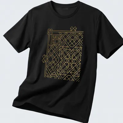 Minimalist line art Geometric Endless Knot design in gold — printed on a unisex t-shirt